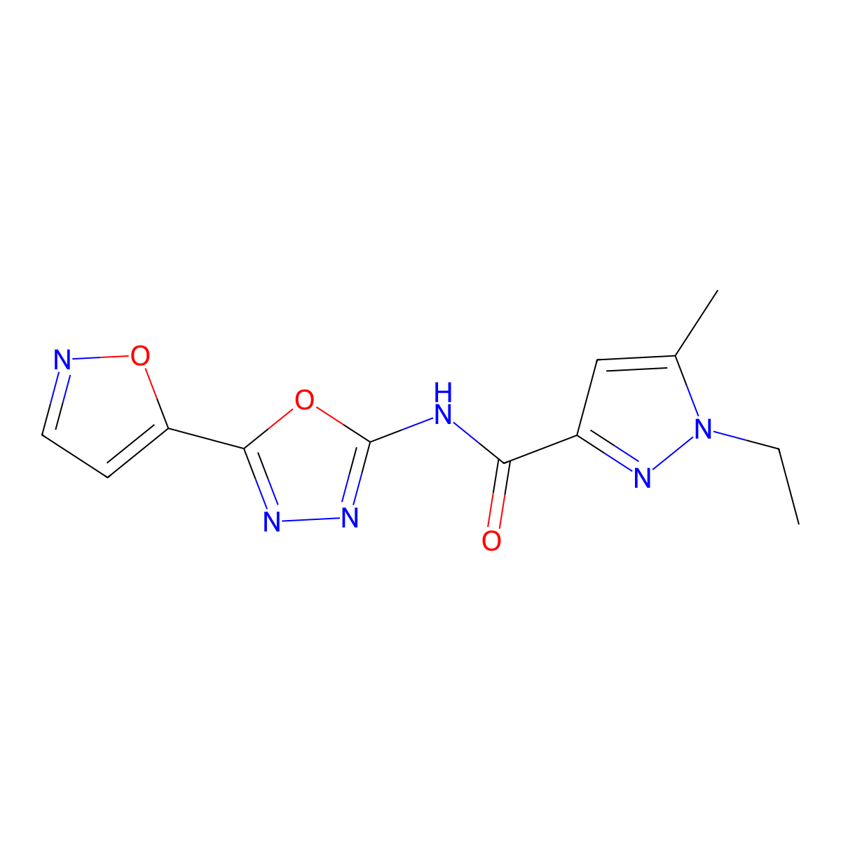 1-ethyl-N-(5-(isoxazol-5-yl)-1,3,4-oxadiazol-2-yl)-5-methyl-1H-pyrazole-3-carboxamide molecular structure, CAS 1171189-47-1