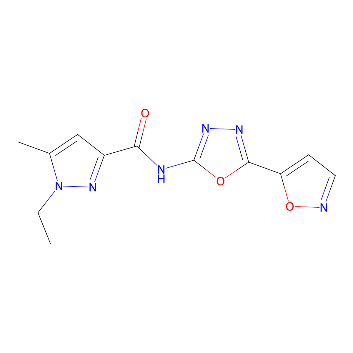 1-ethyl-N-(5-(isoxazol-5-yl)-1,3,4-oxadiazol-2-yl)-5-methyl-1H-pyrazole-3-carboxamide molecular structure, CAS 1171189-47-1