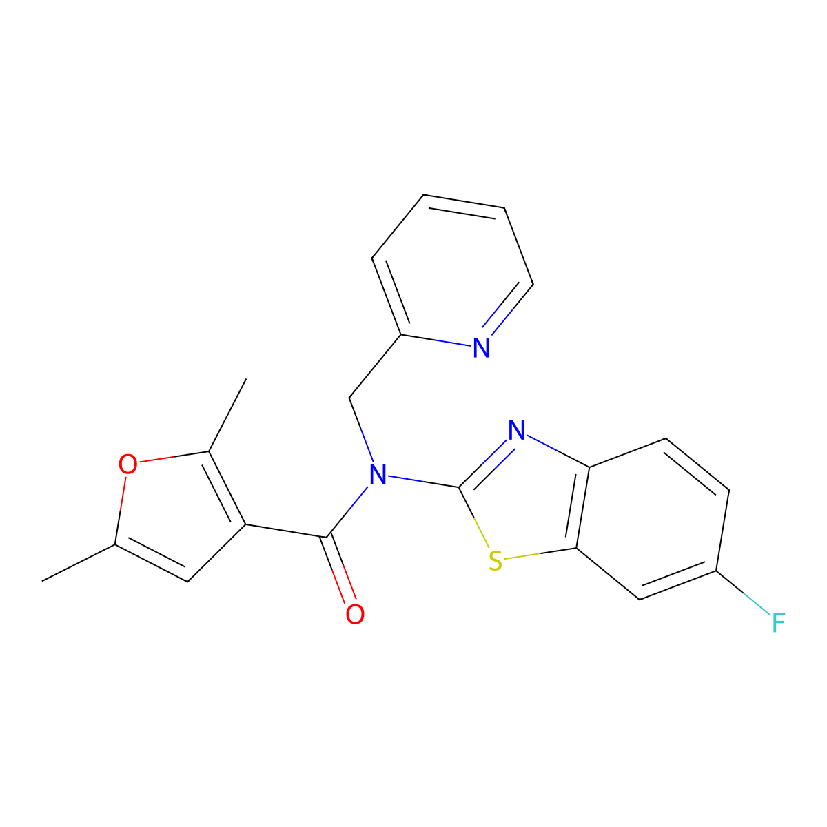 N-(6-fluorobenzo[d]thiazol-2-yl)-2,5-dimethyl-N-(pyridin-2-ylmethyl)furan-3-carboxamide molecular structure, CAS 1171190-16-1