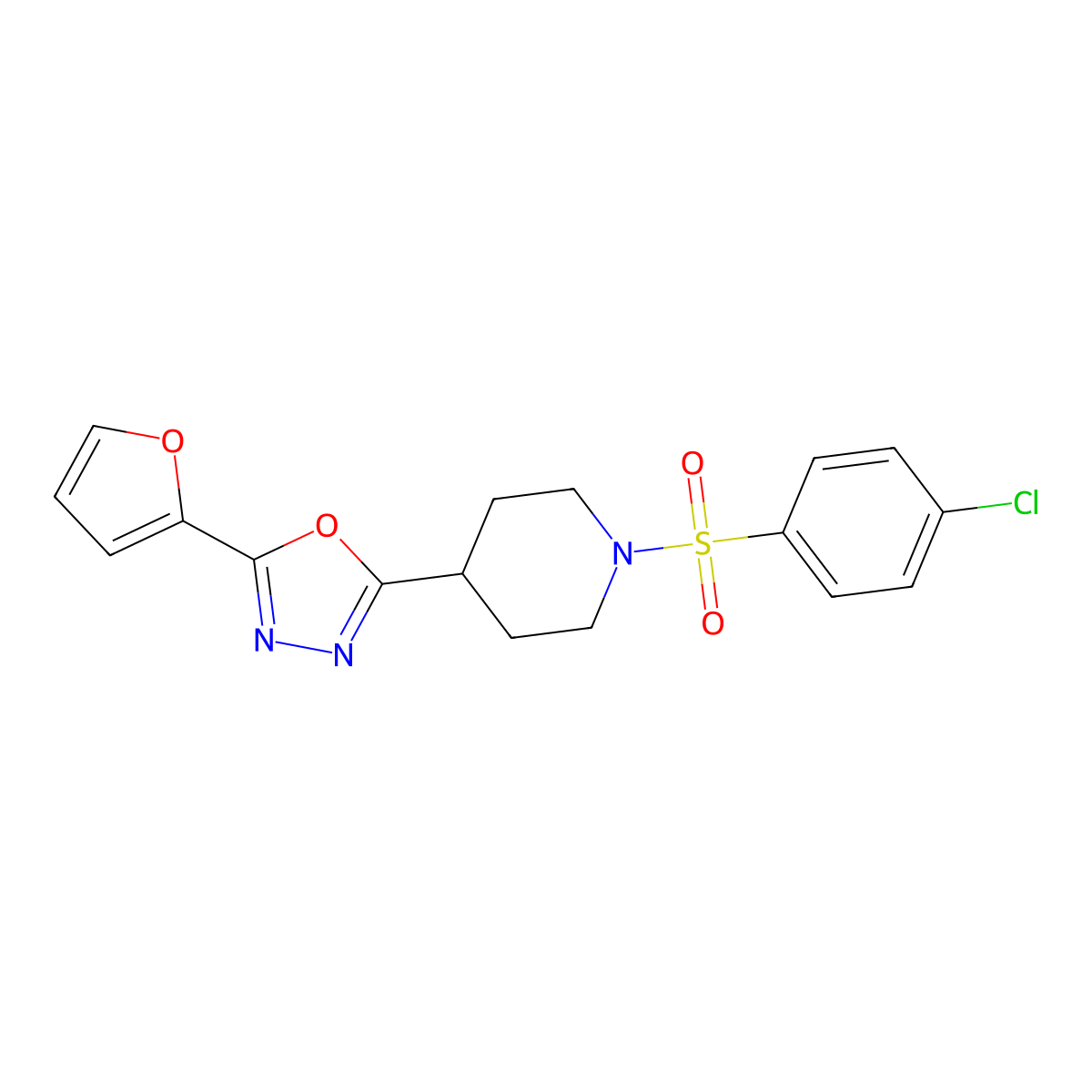 2-(1-((4-Chlorophenyl)sulfonyl)piperidin-4-yl)-5-(furan-2-yl)-1,3,4-oxadiazole molecular structure, CAS 1171192-80-5