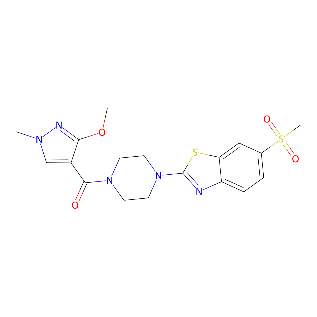 (3-methoxy-1-methyl-1H-pyrazol-4-yl)(4-(6-(methylsulfonyl)benzo[d]thiazol-2-yl)piperazin-1-yl)methanone molecular structure, CAS 1171194-14-1