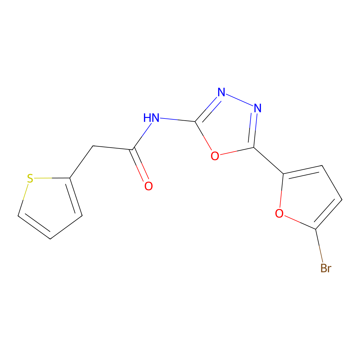 N-(5-(5-bromofuran-2-yl)-1,3,4-oxadiazol-2-yl)-2-(thiophen-2-yl)acetamide molecular structure, CAS 1171196-79-4