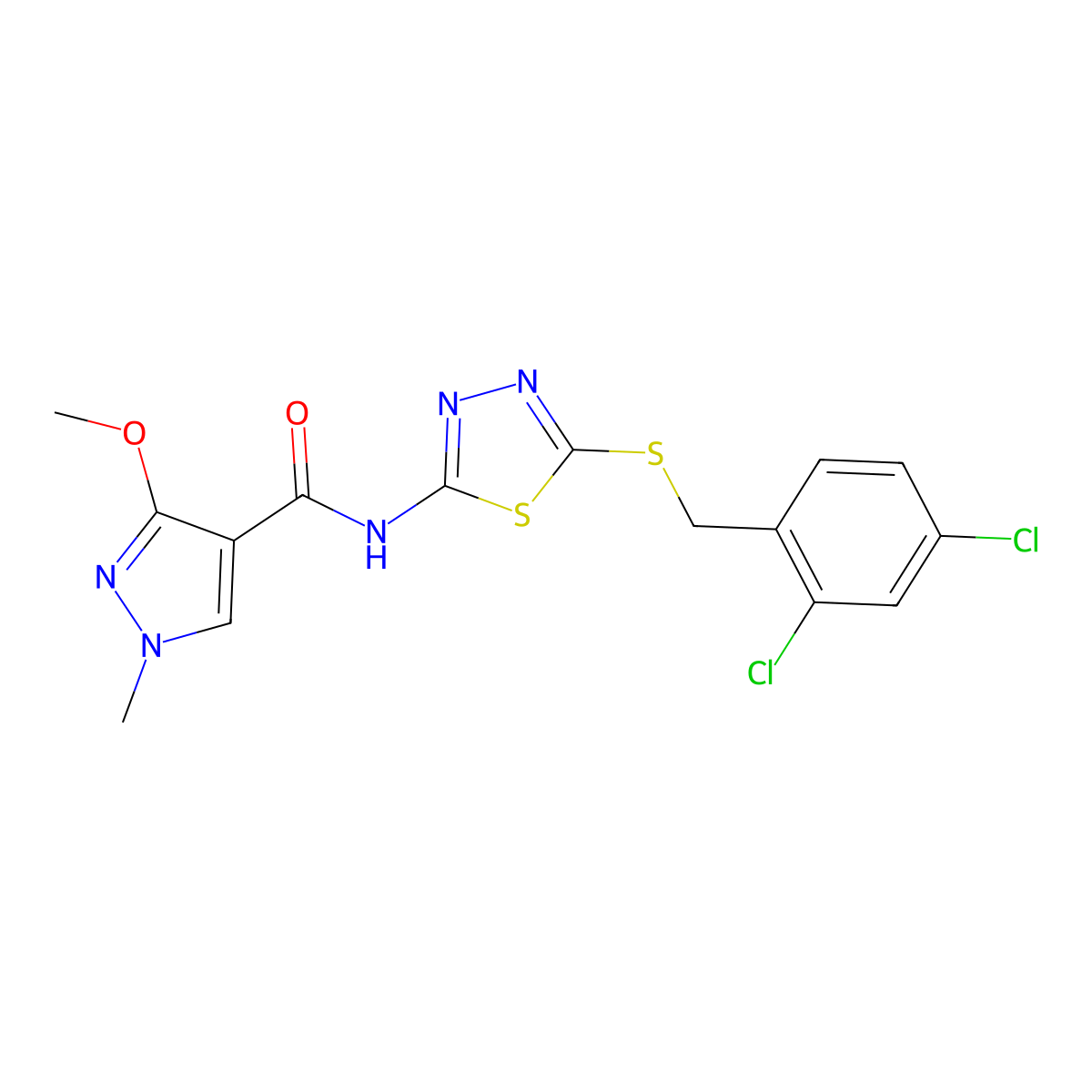N-(5-((2,4-dichlorobenzyl)thio)-1,3,4-thiadiazol-2-yl)-3-methoxy-1-methyl-1H-pyrazole-4-carboxamide molecular structure, CAS 1171197-40-2
