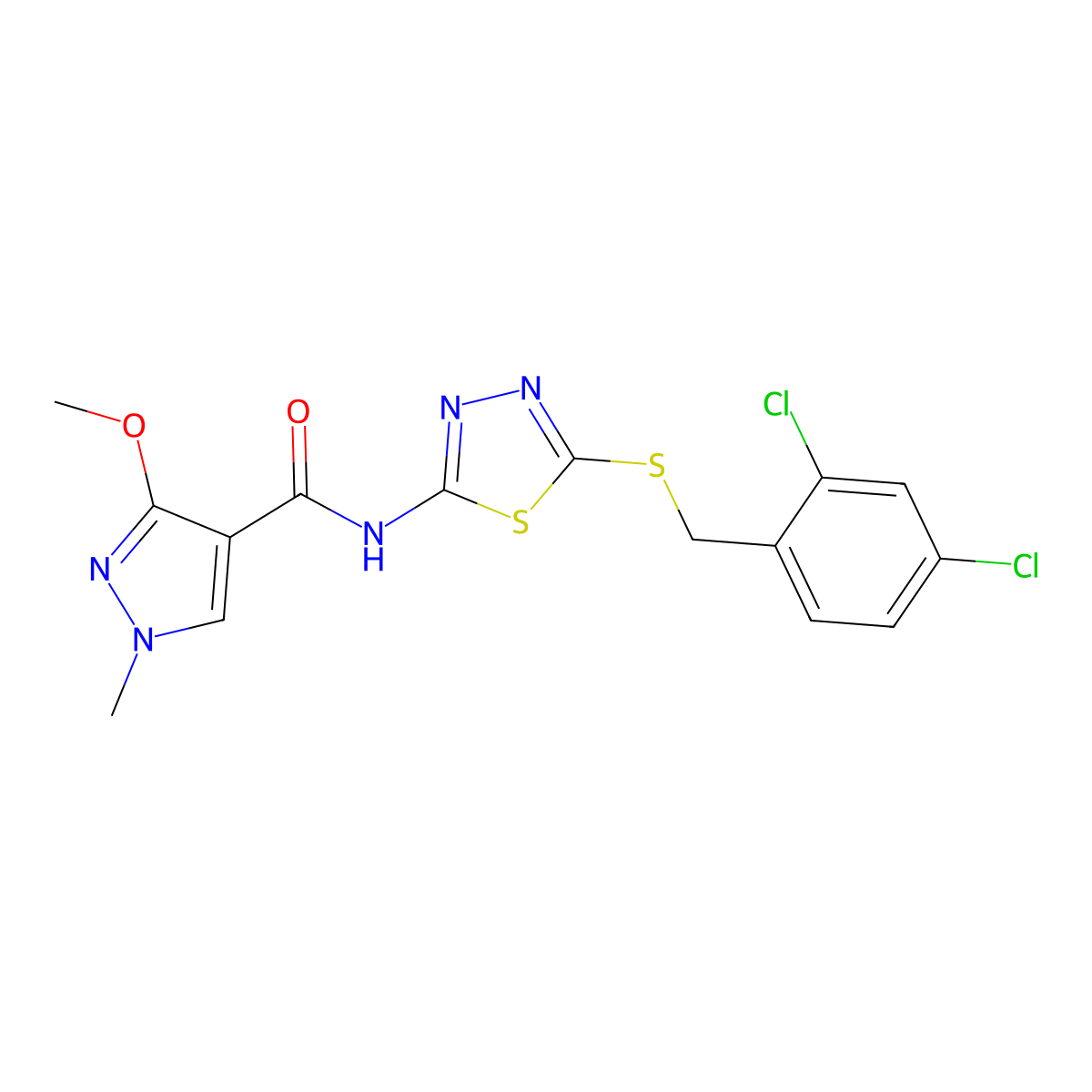 N-(5-((2,4-dichlorobenzyl)thio)-1,3,4-thiadiazol-2-yl)-3-methoxy-1-methyl-1H-pyrazole-4-carboxamide molecular structure, CAS 1171197-40-2