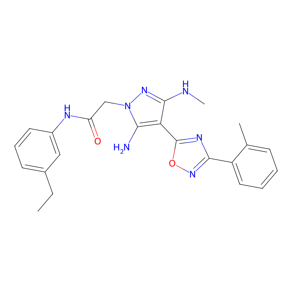 2-(5-amino-3-(methylamino)-4-(3-(o-tolyl)-1,2,4-oxadiazol-5-yl)-1H-pyrazol-1-yl)-N-(3-ethylphenyl)acetamide molecular structure, CAS 1171199-40-8