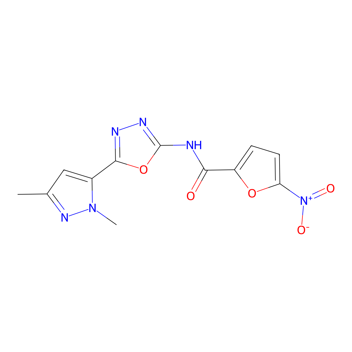 N-(5-(1,3-dimethyl-1H-pyrazol-5-yl)-1,3,4-oxadiazol-2-yl)-5-nitrofuran-2-carboxamide molecular structure, CAS 1171199-97-5