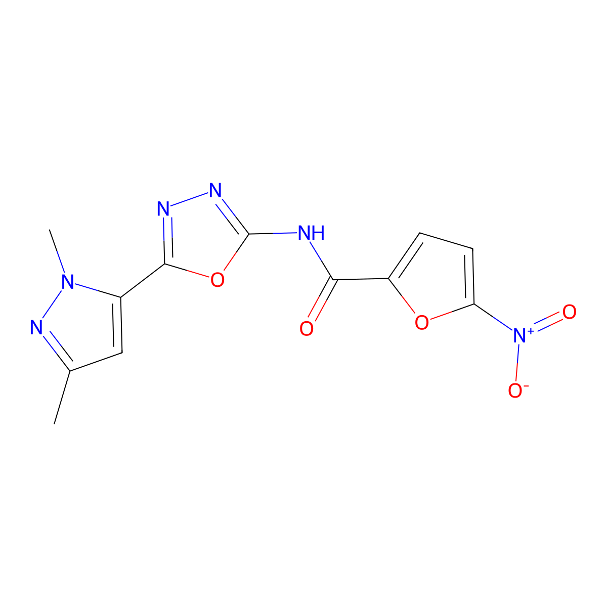 N-(5-(1,3-dimethyl-1H-pyrazol-5-yl)-1,3,4-oxadiazol-2-yl)-5-nitrofuran-2-carboxamide molecular structure, CAS 1171199-97-5