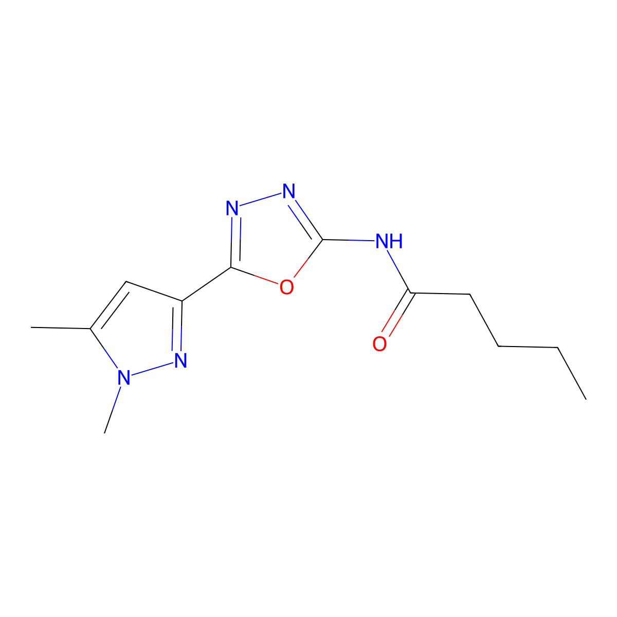 N-(5-(1,5-dimethyl-1H-pyrazol-3-yl)-1,3,4-oxadiazol-2-yl)pentanamide molecular structure, CAS 1171200-82-0