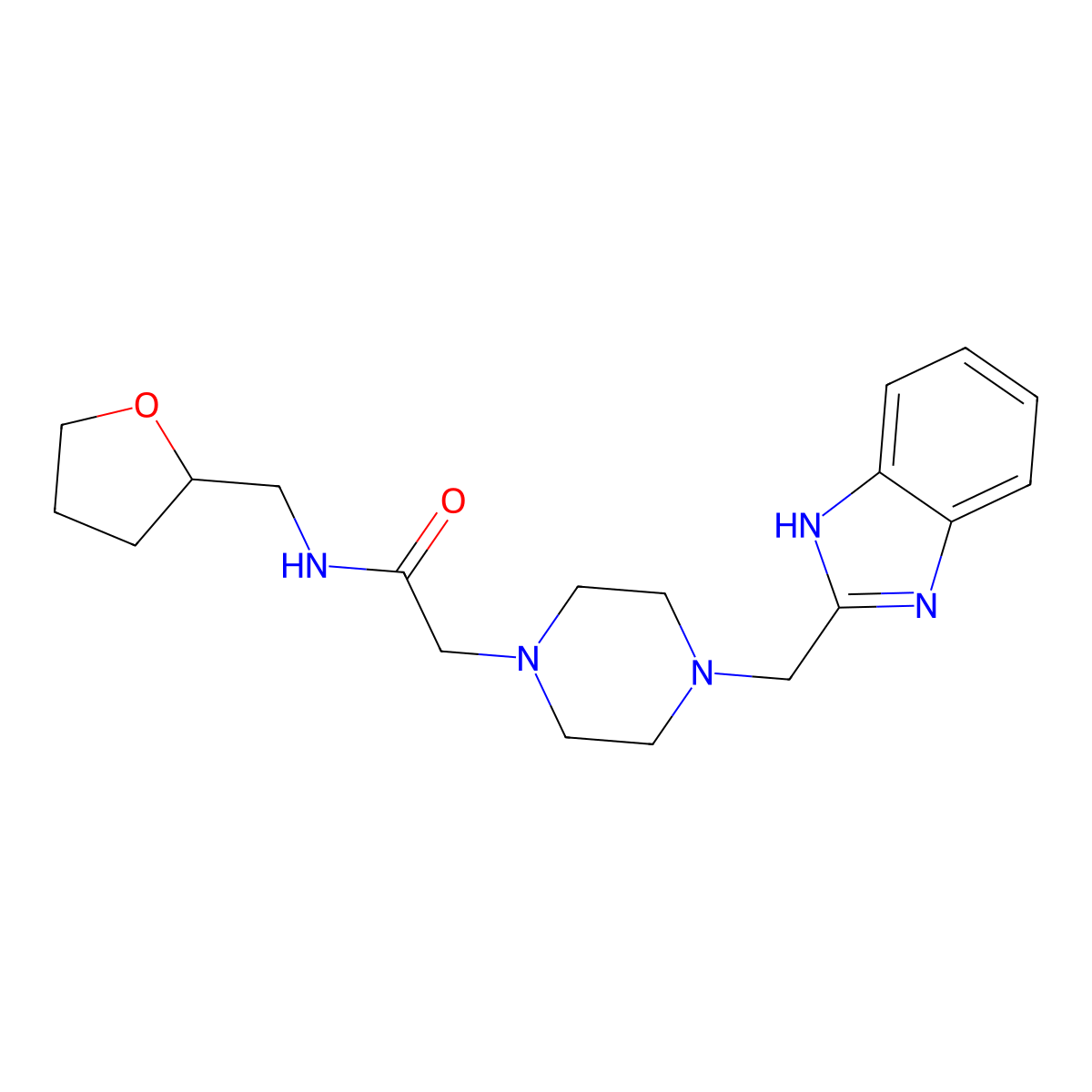 2-(4-((1H-benzo[d]imidazol-2-yl)methyl)piperazin-1-yl)-N-((tetrahydrofuran-2-yl)methyl)acetamide molecular structure, CAS 1171202-96-2