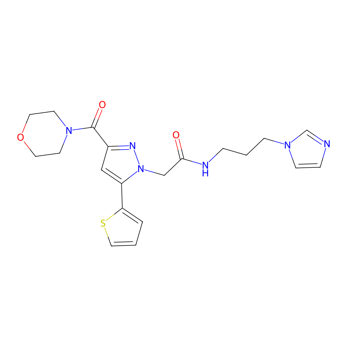 N-[3-(1H-imidazol-1-yl)propyl]-2-[3-(morpholine-4-carbonyl)-5-(thiophen-2-yl)-1H-pyrazol-1-yl]acetamide molecular structure, CAS 1171203-56-7