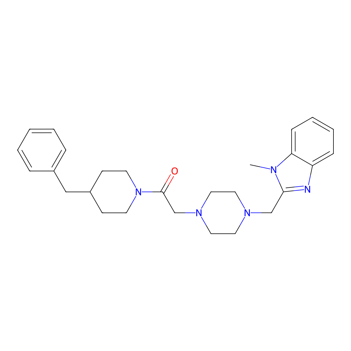 1-(4-benzylpiperidin-1-yl)-2-(4-((1-methyl-1H-benzo[d]imidazol-2-yl)methyl)piperazin-1-yl)ethanone molecular structure, CAS 1171204-76-4