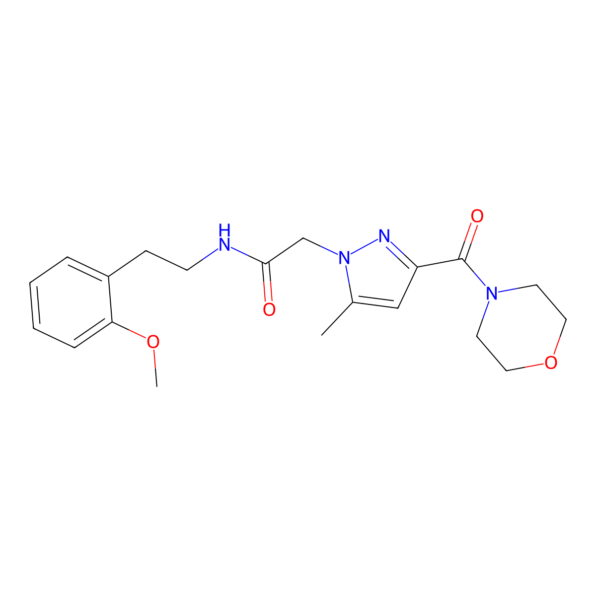 N-(2-methoxyphenethyl)-2-(5-methyl-3-(morpholine-4-carbonyl)-1H-pyrazol-1-yl)acetamide molecular structure, CAS 1171208-10-8