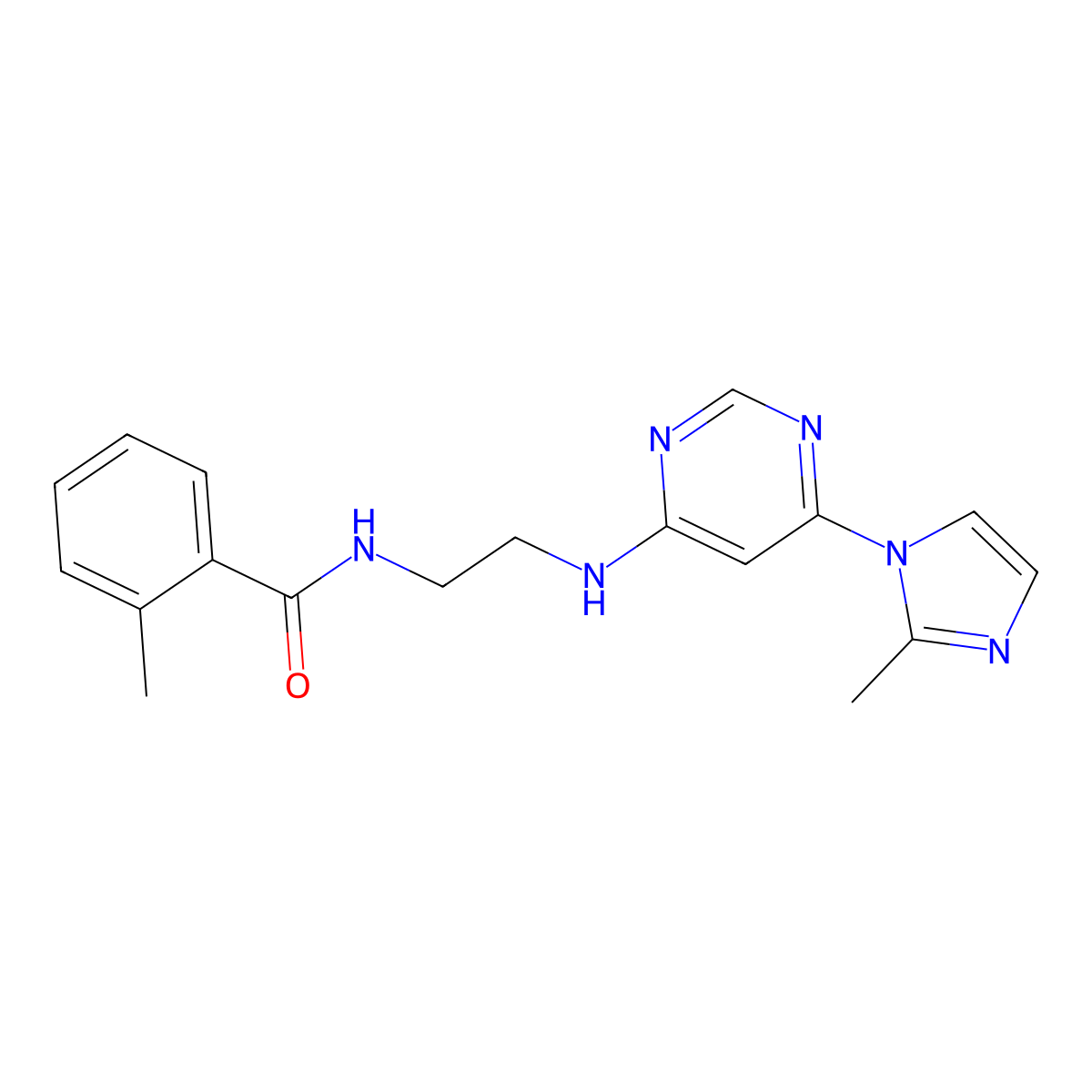 2-methyl-N-(2-((6-(2-methyl-1H-imidazol-1-yl)pyrimidin-4-yl)amino)ethyl)benzamide molecular structure, CAS 1171208-54-0