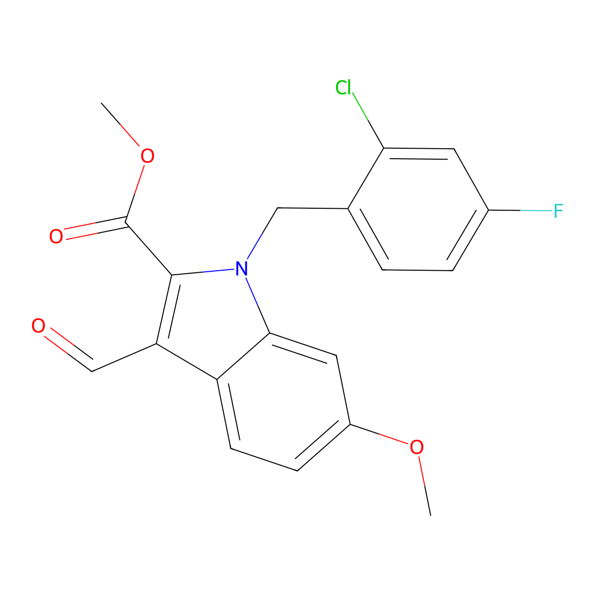 Methyl 1-(2-chloro-4-fluorobenzyl)-3-formyl-6-methoxy-1H-indole-2-carboxylate molecular structure, CAS 1171211-64-5