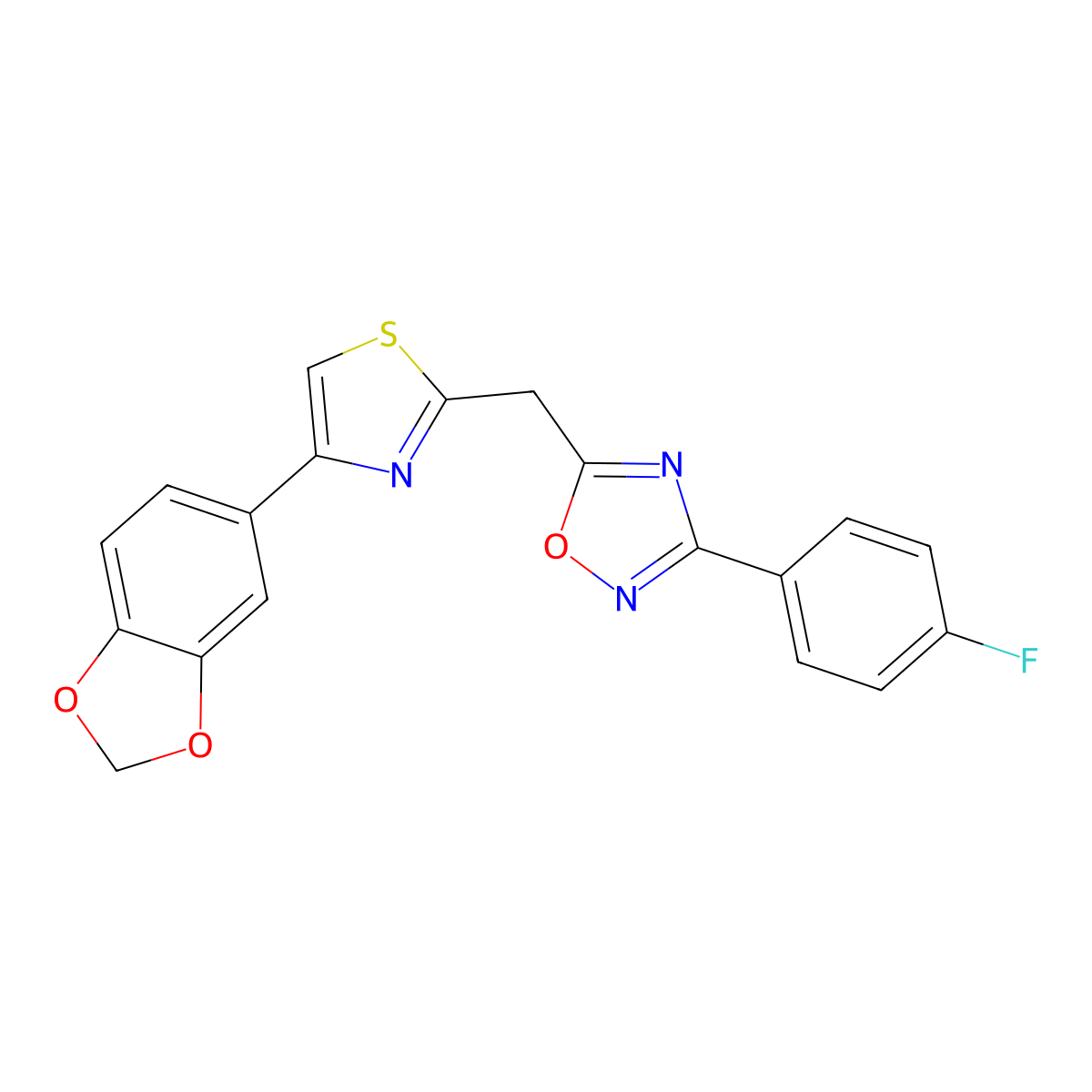 5-((4-(Benzo[d][1,3]dioxol-5-yl)thiazol-2-yl)methyl)-3-(4-fluorophenyl)-1,2,4-oxadiazole molecular structure, CAS 1171211-97-4