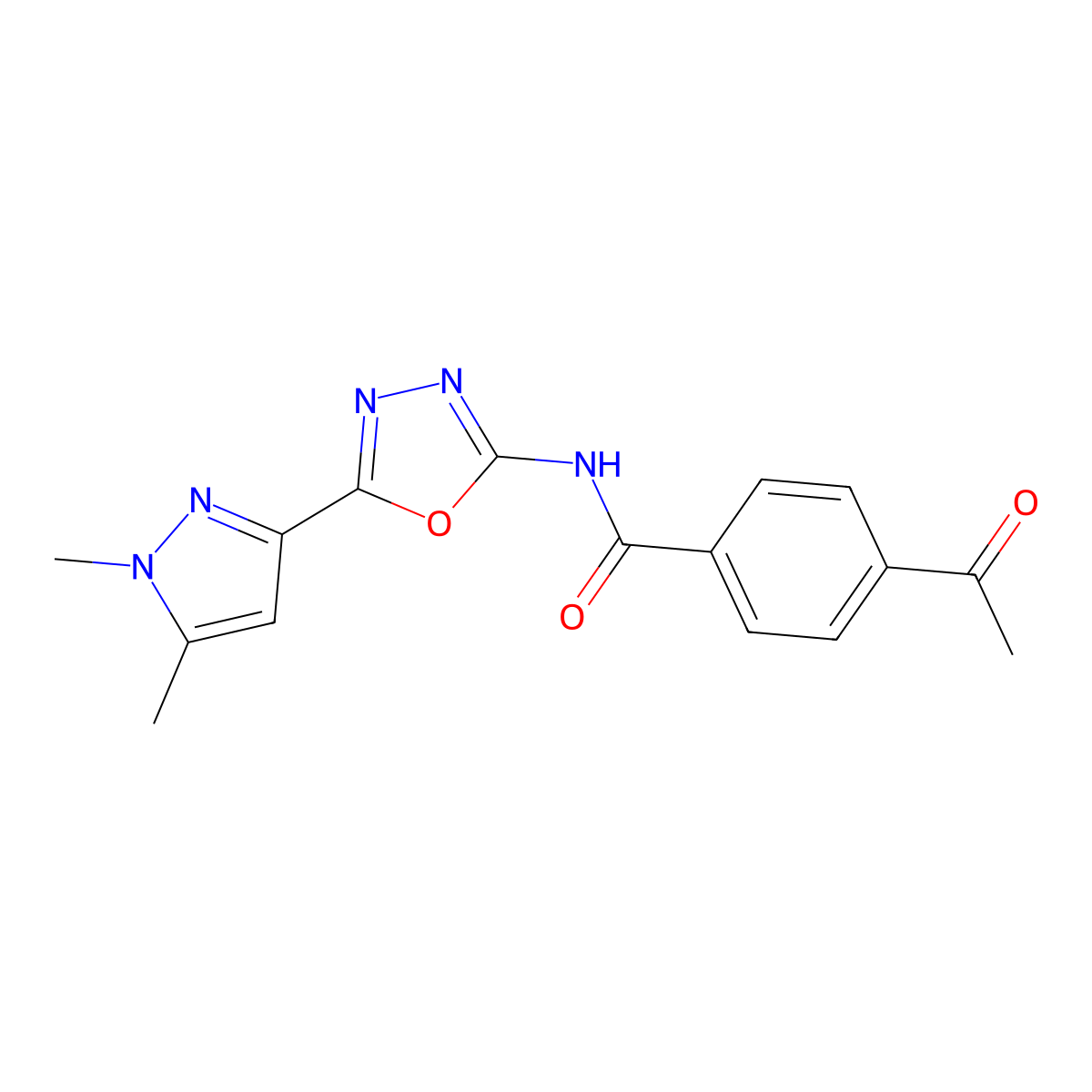 4-acetyl-N-(5-(1,5-dimethyl-1H-pyrazol-3-yl)-1,3,4-oxadiazol-2-yl)benzamide molecular structure, CAS 1171213-15-2