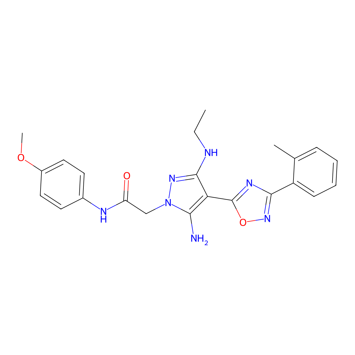 2-(5-amino-3-(ethylamino)-4-(3-(o-tolyl)-1,2,4-oxadiazol-5-yl)-1H-pyrazol-1-yl)-N-(4-methoxyphenyl)acetamide molecular structure, CAS 1171213-32-3