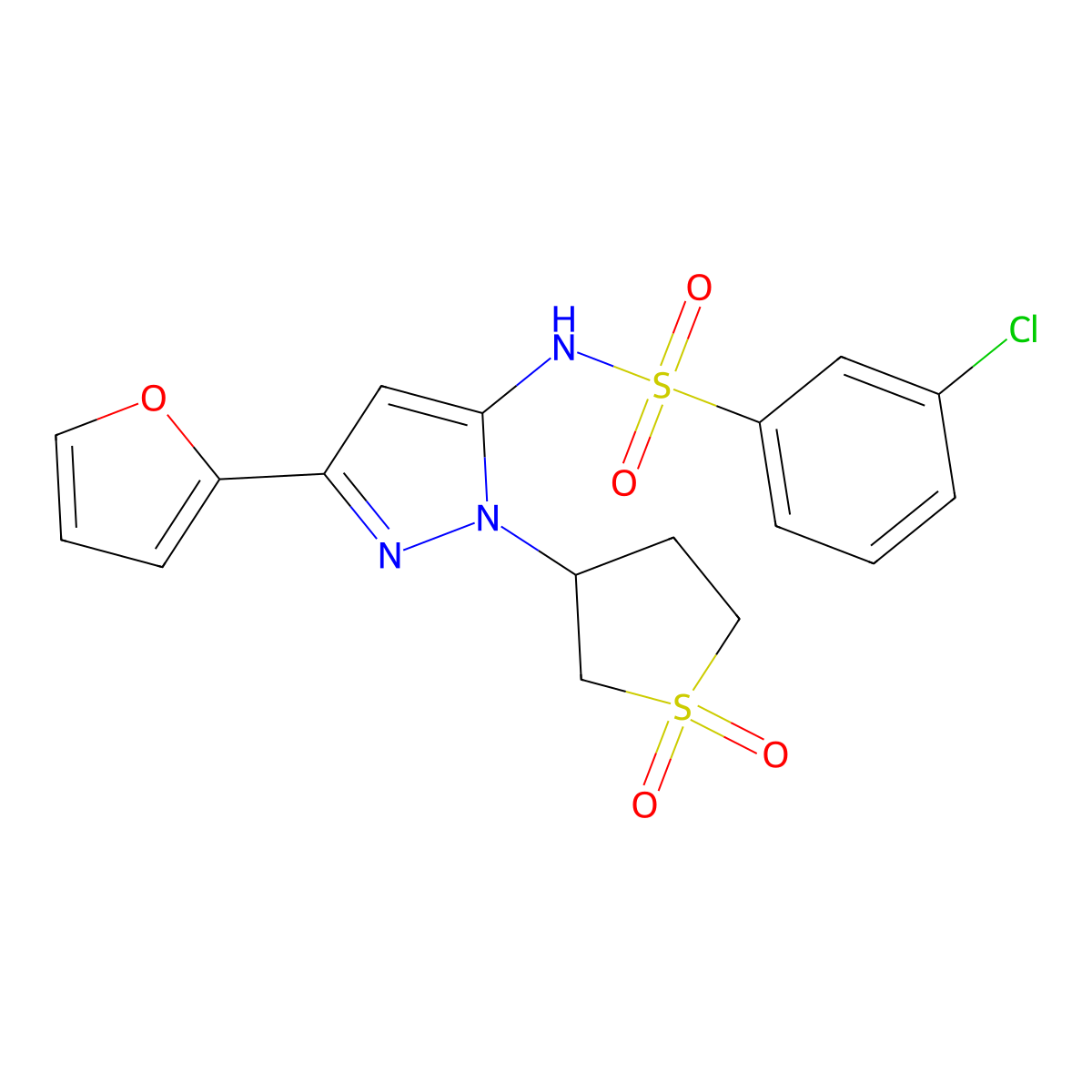 3-chloro-N-(1-(1,1-dioxidotetrahydrothiophen-3-yl)-3-(furan-2-yl)-1H-pyrazol-5-yl)benzenesulfonamide molecular structure, CAS 1171214-20-2