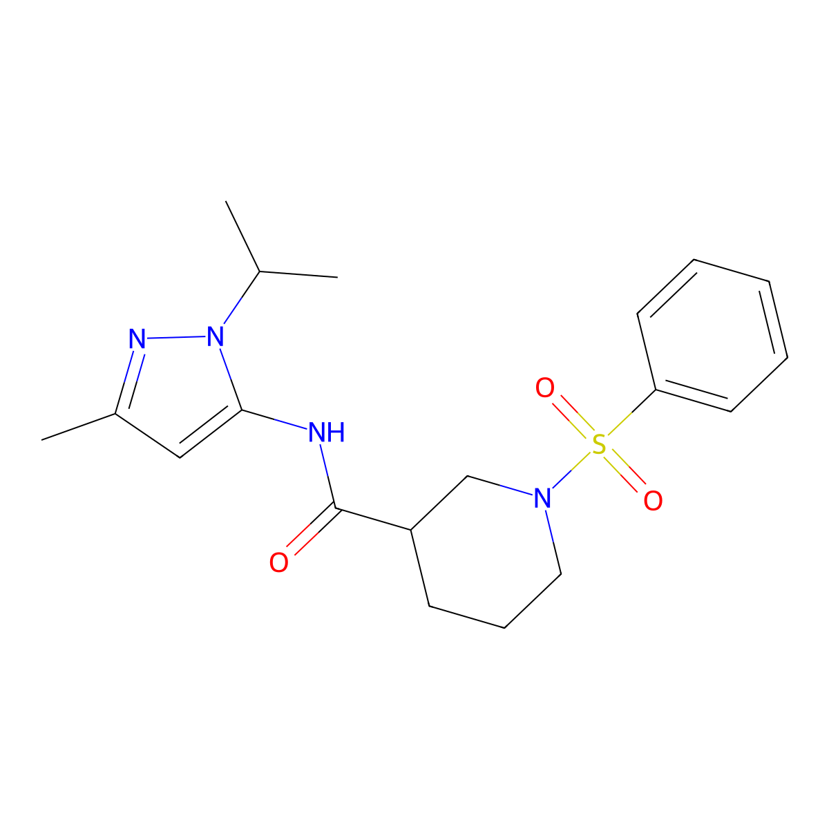 N-(1-isopropyl-3-methyl-1H-pyrazol-5-yl)-1-(phenylsulfonyl)piperidine-3-carboxamide molecular structure, CAS 1171214-87-1