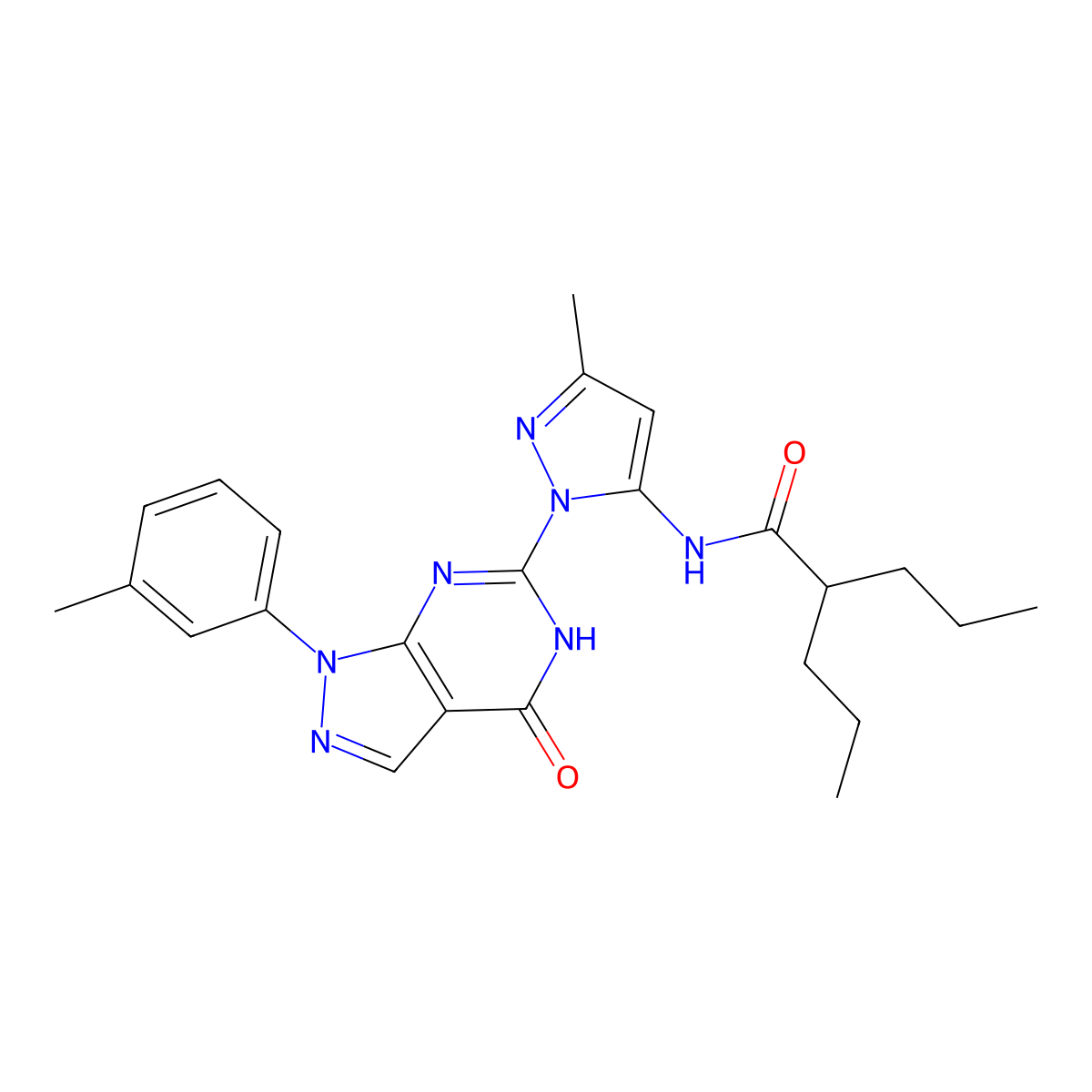 N-(3-methyl-1-(4-oxo-1-(m-tolyl)-4,5-dihydro-1H-pyrazolo[3,4-d]pyrimidin-6-yl)-1H-pyrazol-5-yl)-2-propylpentanamide molecular structure, CAS 1171215-44-3