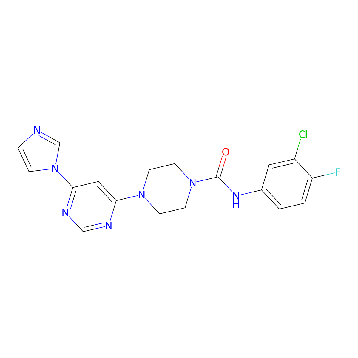 4-(6-(1H-imidazol-1-yl)pyrimidin-4-yl)-N-(3-chloro-4-fluorophenyl)piperazine-1-carboxamide molecular structure, CAS 1171217-40-5