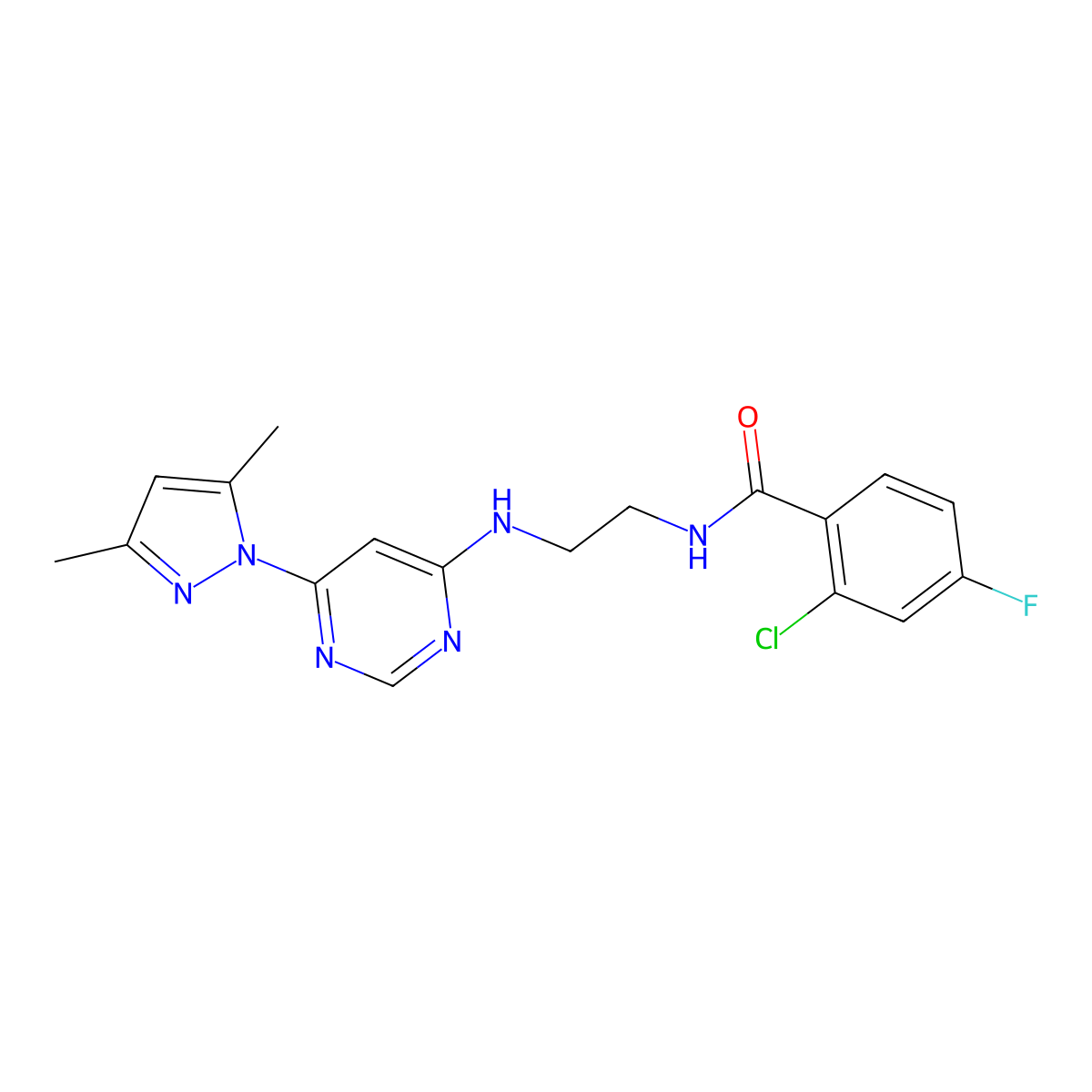 2-chloro-N-(2-((6-(3,5-dimethyl-1H-pyrazol-1-yl)pyrimidin-4-yl)amino)ethyl)-4-fluorobenzamide molecular structure, CAS 1171220-46-4