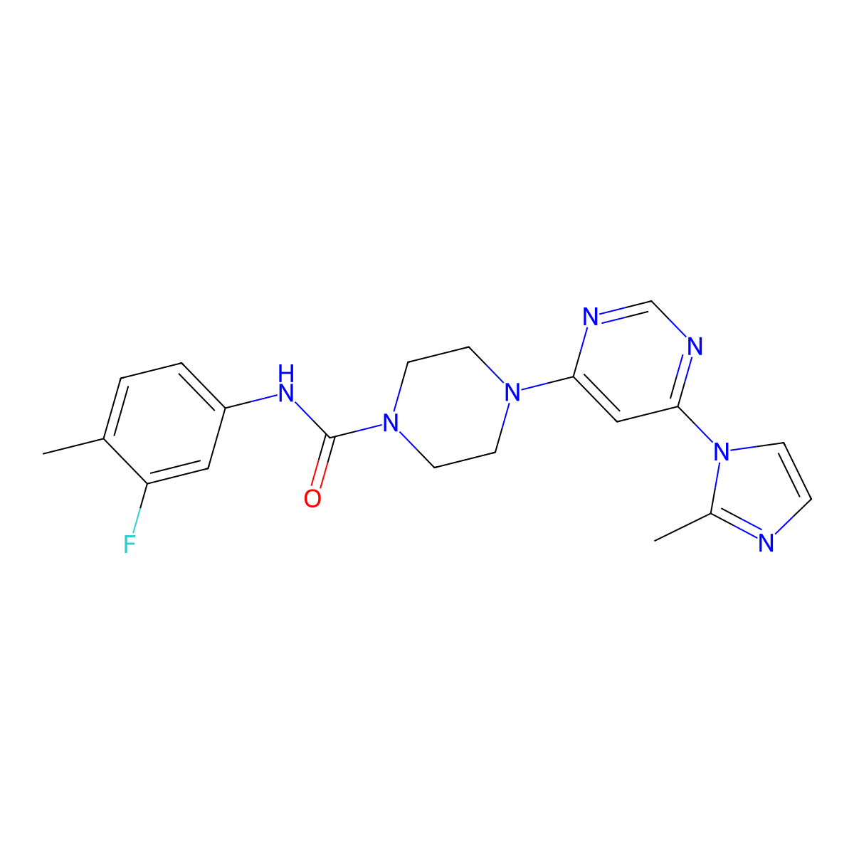 N-(3-fluoro-4-methylphenyl)-4-(6-(2-methyl-1H-imidazol-1-yl)pyrimidin-4-yl)piperazine-1-carboxamide molecular structure, CAS 1171223-57-6