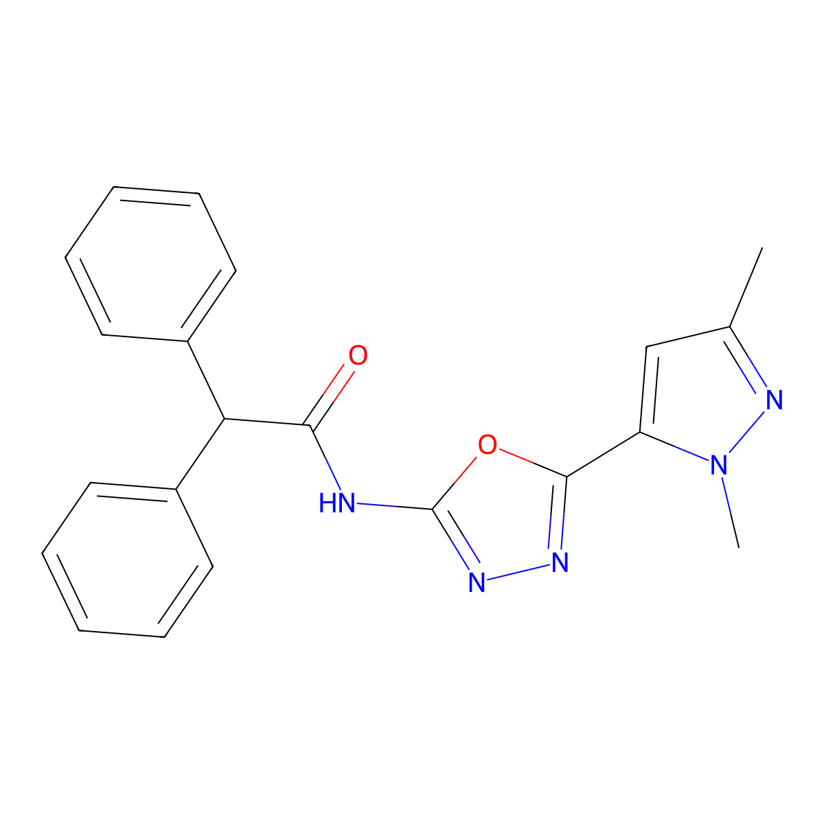 N-[5-(1,3-dimethyl-1H-pyrazol-5-yl)-1,3,4-oxadiazol-2-yl]-2,2-diphenylacetamide molecular structure, CAS 1171226-57-5