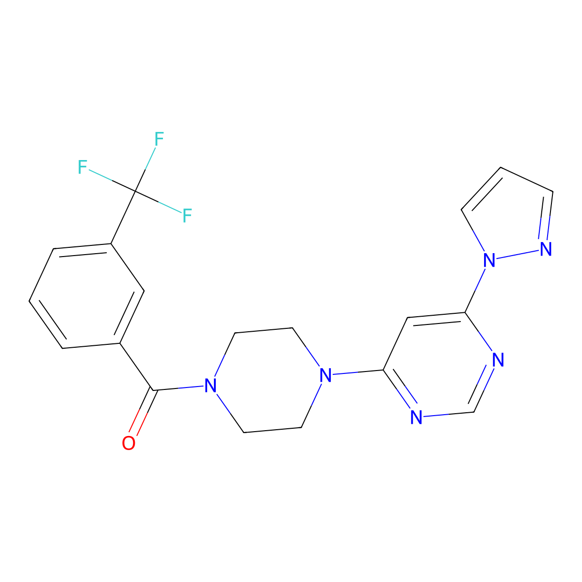 (4-(6-(1H-pyrazol-1-yl)pyrimidin-4-yl)piperazin-1-yl)(3-(trifluoromethyl)phenyl)methanone molecular structure, CAS 1171226-90-6