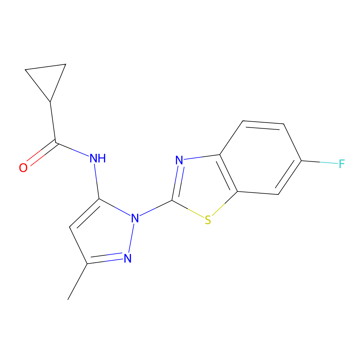 N-(1-(6-fluorobenzo[d]thiazol-2-yl)-3-methyl-1H-pyrazol-5-yl)cyclopropanecarboxamide molecular structure, CAS 1171227-27-2