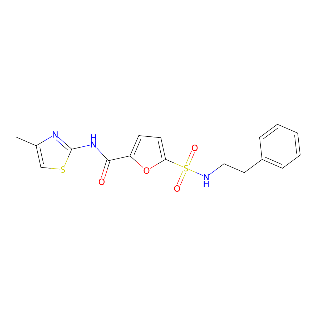 N-(4-methylthiazol-2-yl)-5-(N-phenethylsulfamoyl)furan-2-carboxamide molecular structure, CAS 1171227-92-1