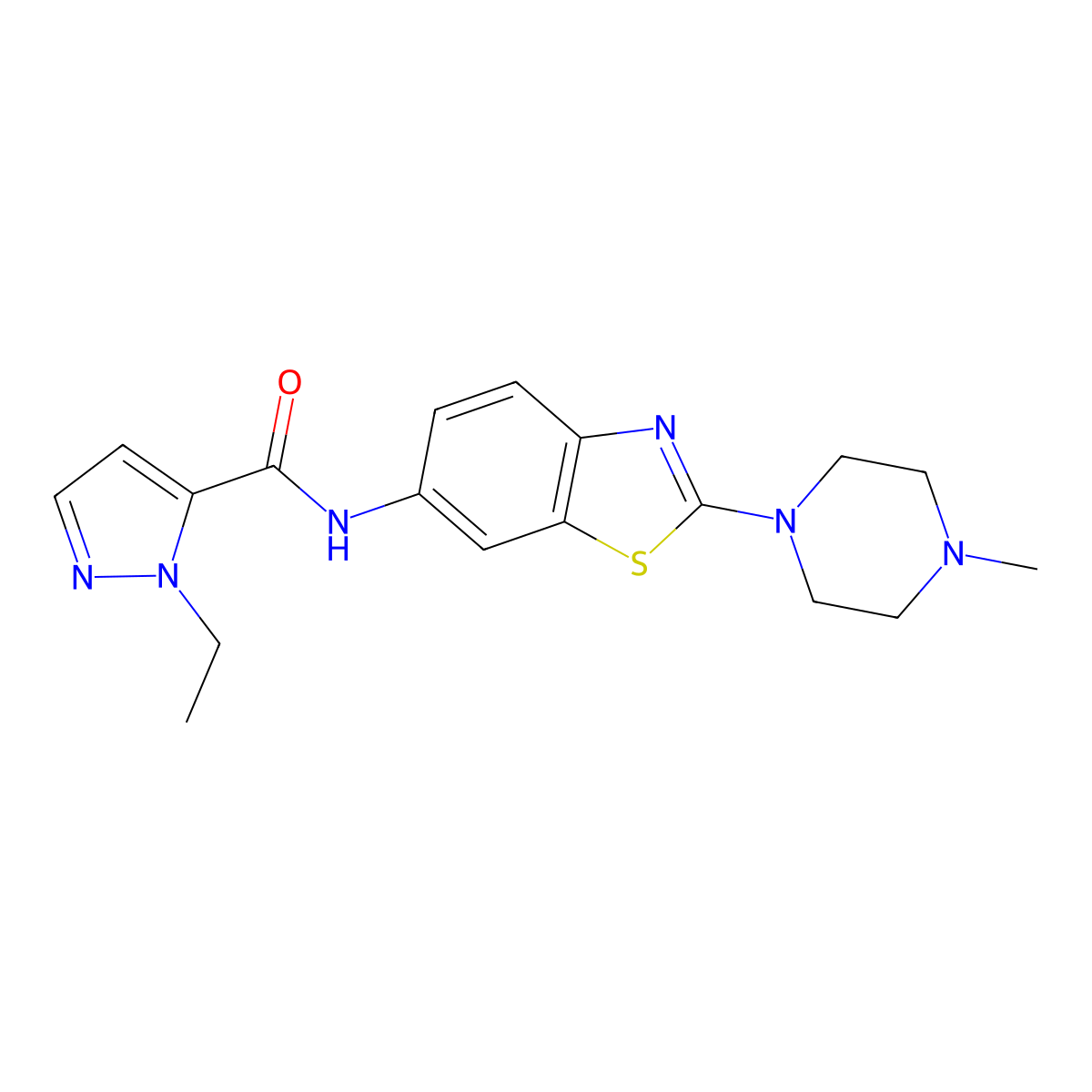 1-ethyl-N-(2-(4-methylpiperazin-1-yl)benzo[d]thiazol-6-yl)-1H-pyrazole-5-carboxamide molecular structure, CAS 1171231-98-3