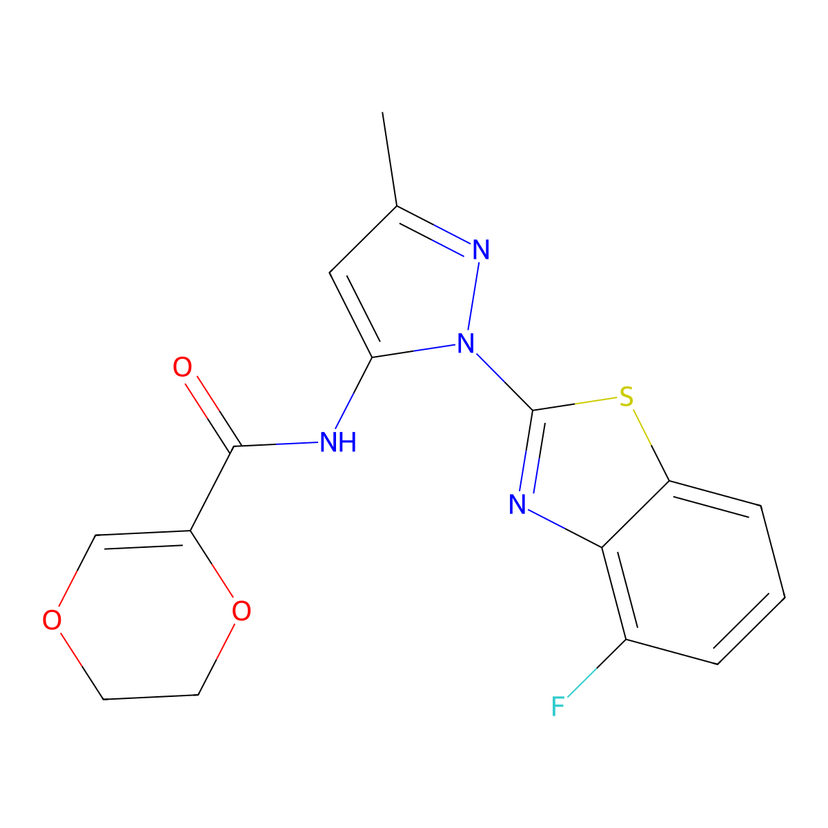 N-(1-(4-fluorobenzo[d]thiazol-2-yl)-3-methyl-1H-pyrazol-5-yl)-5,6-dihydro-1,4-dioxine-2-carboxamide molecular structure, CAS 1171231-99-4