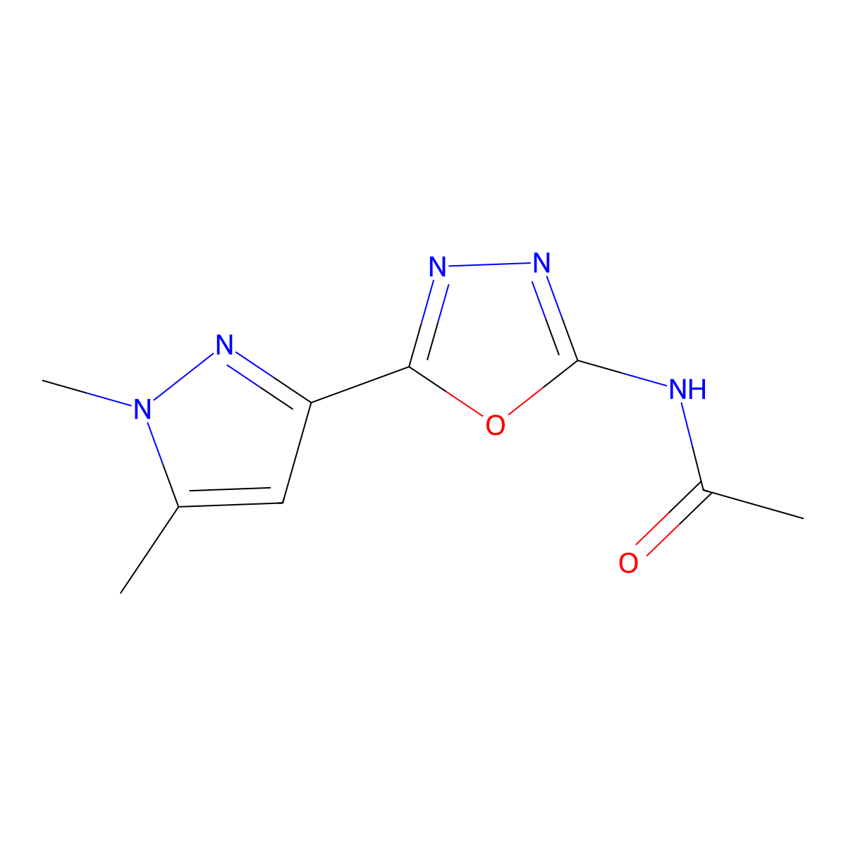 N-[5-(1,5-dimethyl-1H-pyrazol-3-yl)-1,3,4-oxadiazol-2-yl]acetamide molecular structure, CAS 1171233-88-7
