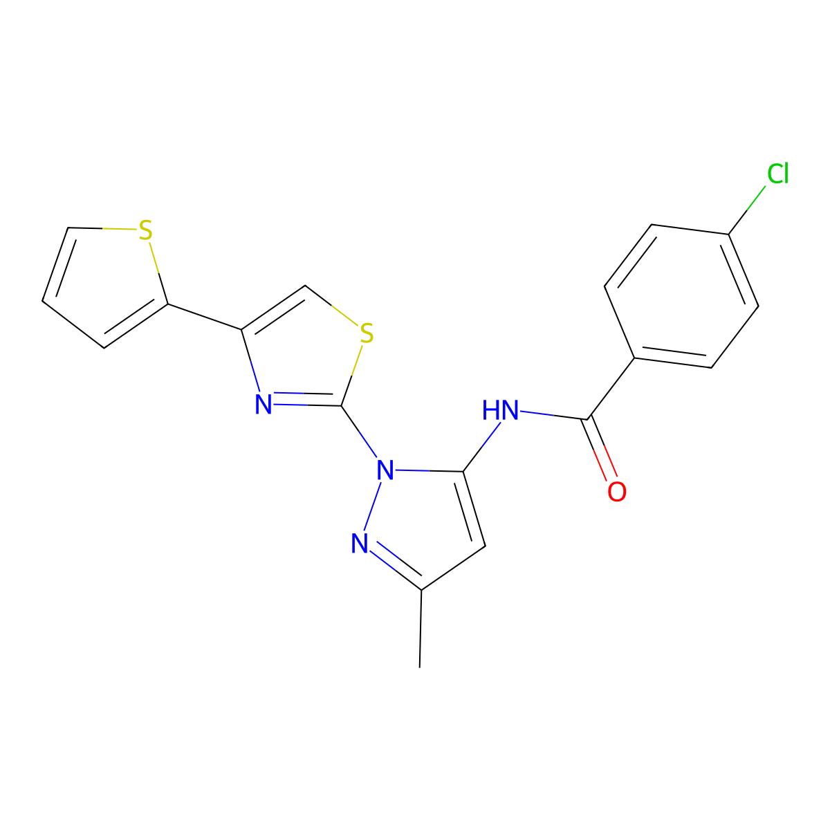 4-chloro-N-(3-methyl-1-(4-(thiophen-2-yl)thiazol-2-yl)-1H-pyrazol-5-yl)benzamide molecular structure, CAS 1171234-97-1