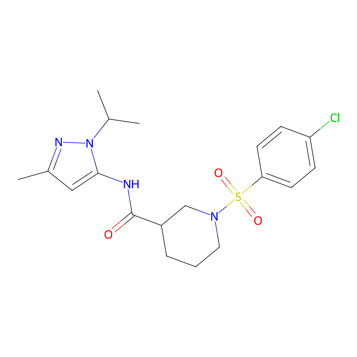 1-((4-chlorophenyl)sulfonyl)-N-(1-isopropyl-3-methyl-1H-pyrazol-5-yl)piperidine-3-carboxamide molecular structure, CAS 1171236-63-7