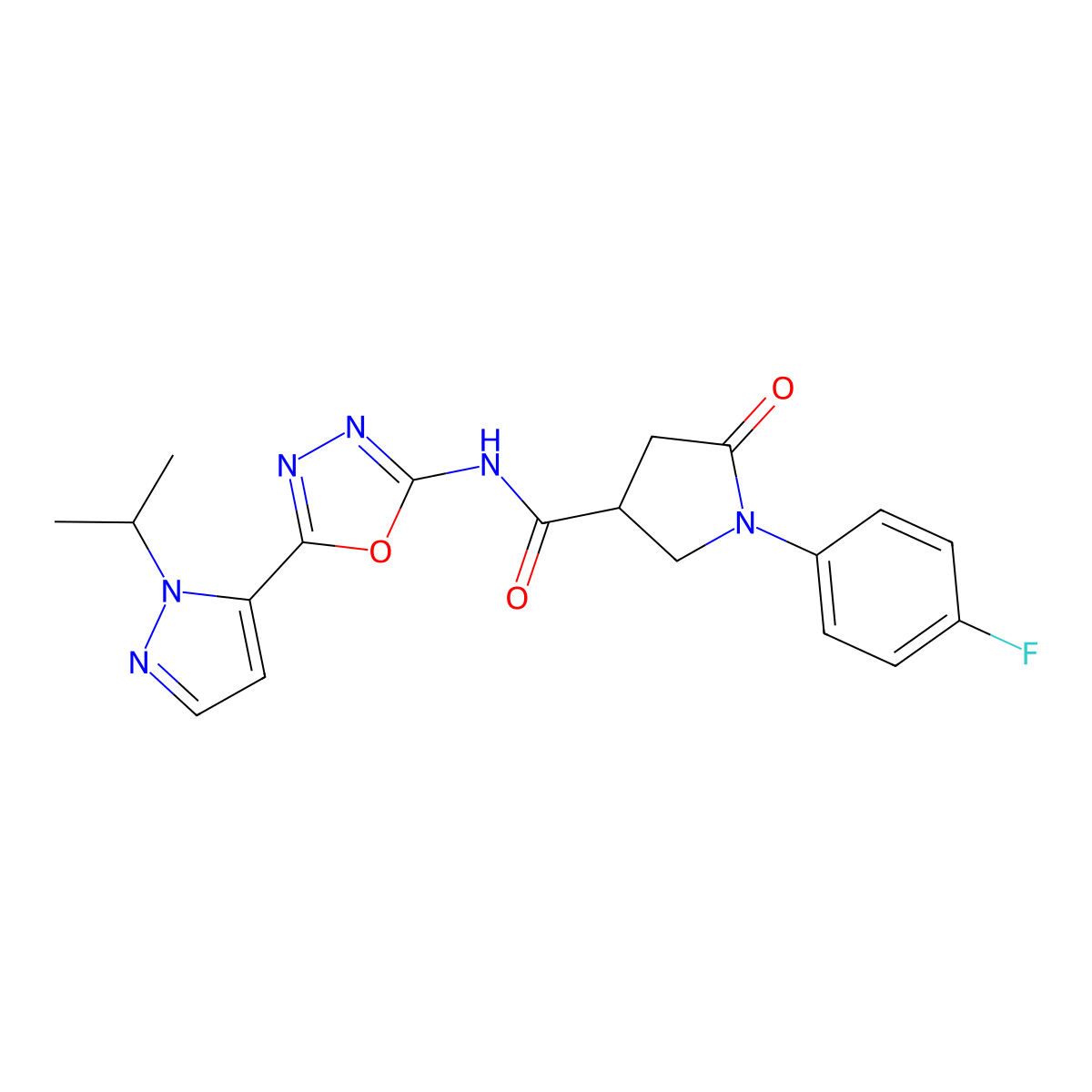 1-(4-fluorophenyl)-N-(5-(1-isopropyl-1H-pyrazol-5-yl)-1,3,4-oxadiazol-2-yl)-5-oxopyrrolidine-3-carboxamide molecular structure, CAS 1171237-62-9