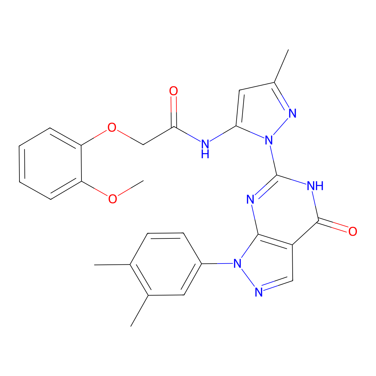 N-(1-(1-(3,4-dimethylphenyl)-4-oxo-4,5-dihydro-1H-pyrazolo[3,4-d]pyrimidin-6-yl)-3-methyl-1H-pyrazol-5-yl)-2-(2-methoxyphenoxy)acetamide molecular structure, CAS 1171239-54-5