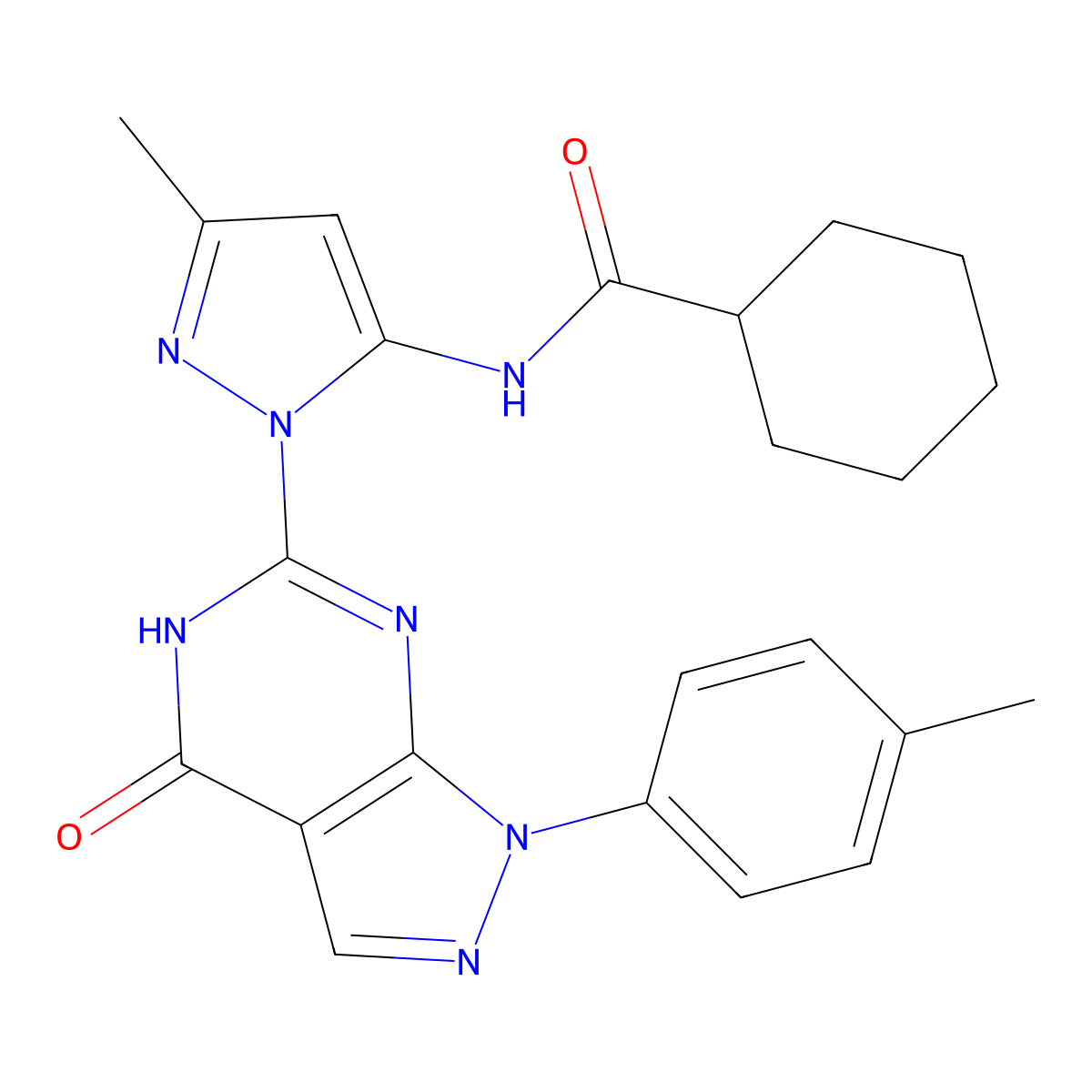 N-(3-methyl-1-(4-oxo-1-(p-tolyl)-4,5-dihydro-1H-pyrazolo[3,4-d]pyrimidin-6-yl)-1H-pyrazol-5-yl)cyclohexanecarboxamide molecular structure, CAS 1171239-98-7