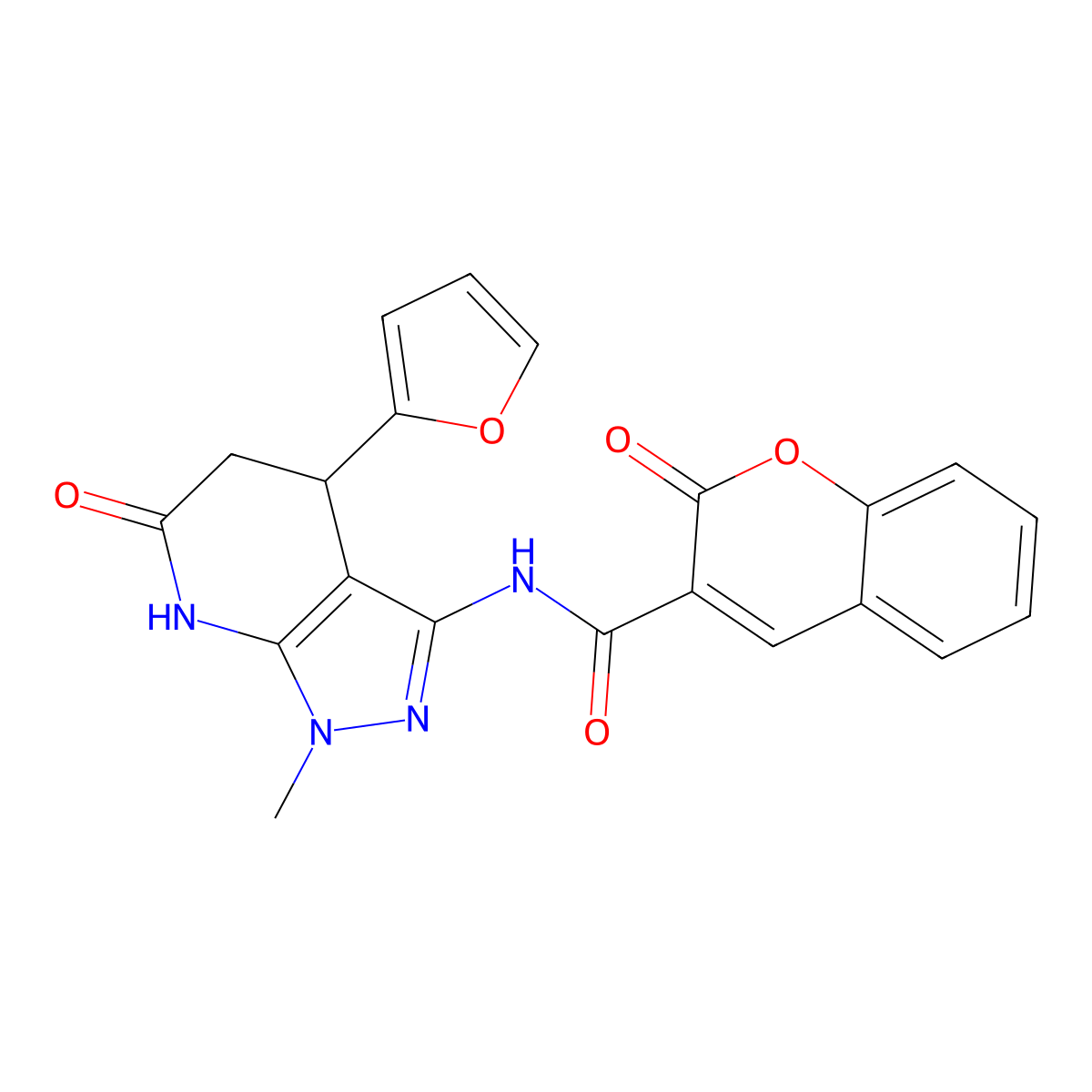 N-(4-(furan-2-yl)-1-methyl-6-oxo-4,5,6,7-tetrahydro-1H-pyrazolo[3,4-b]pyridin-3-yl)-2-oxo-2H-chromene-3-carboxamide molecular structure, CAS 1171240-32-6