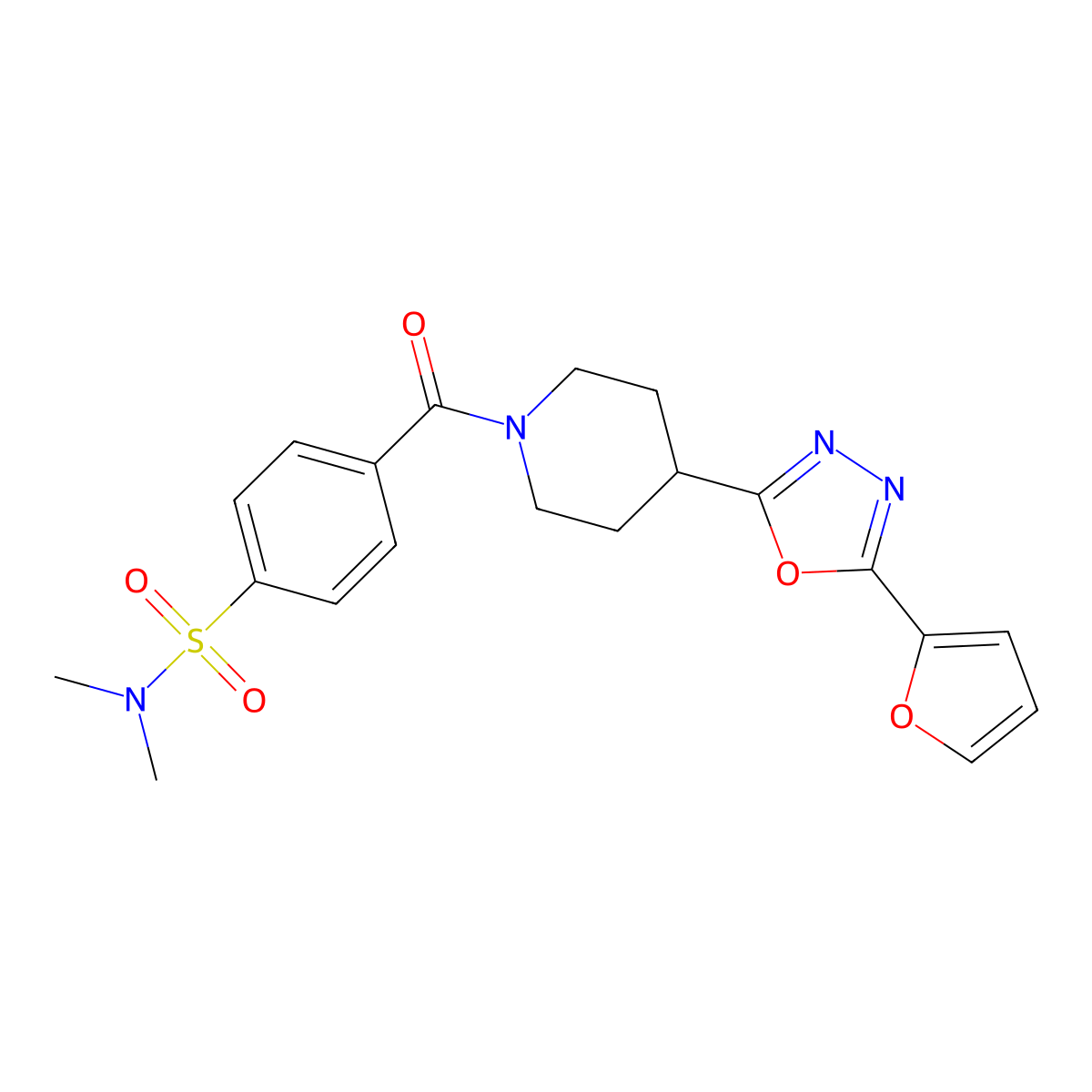 4-(4-(5-(furan-2-yl)-1,3,4-oxadiazol-2-yl)piperidine-1-carbonyl)-N,N-dimethylbenzenesulfonamide molecular structure, CAS 1171241-51-2
