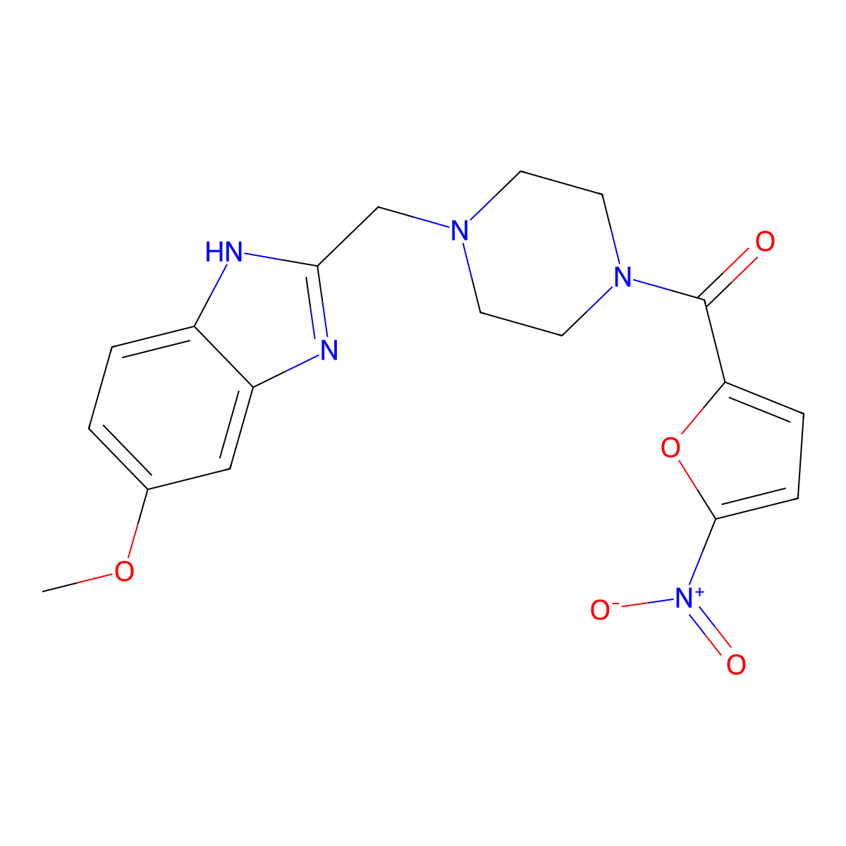 (4-((5-methoxy-1H-benzo[d]imidazol-2-yl)methyl)piperazin-1-yl)(5-nitrofuran-2-yl)methanone molecular structure, CAS 1171241-73-8