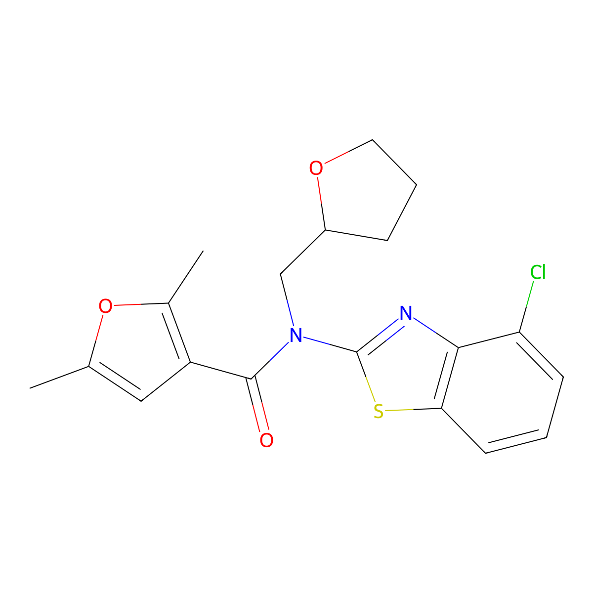N-(4-chlorobenzo[d]thiazol-2-yl)-2,5-dimethyl-N-((tetrahydrofuran-2-yl)methyl)furan-3-carboxamide molecular structure, CAS 1171243-46-1