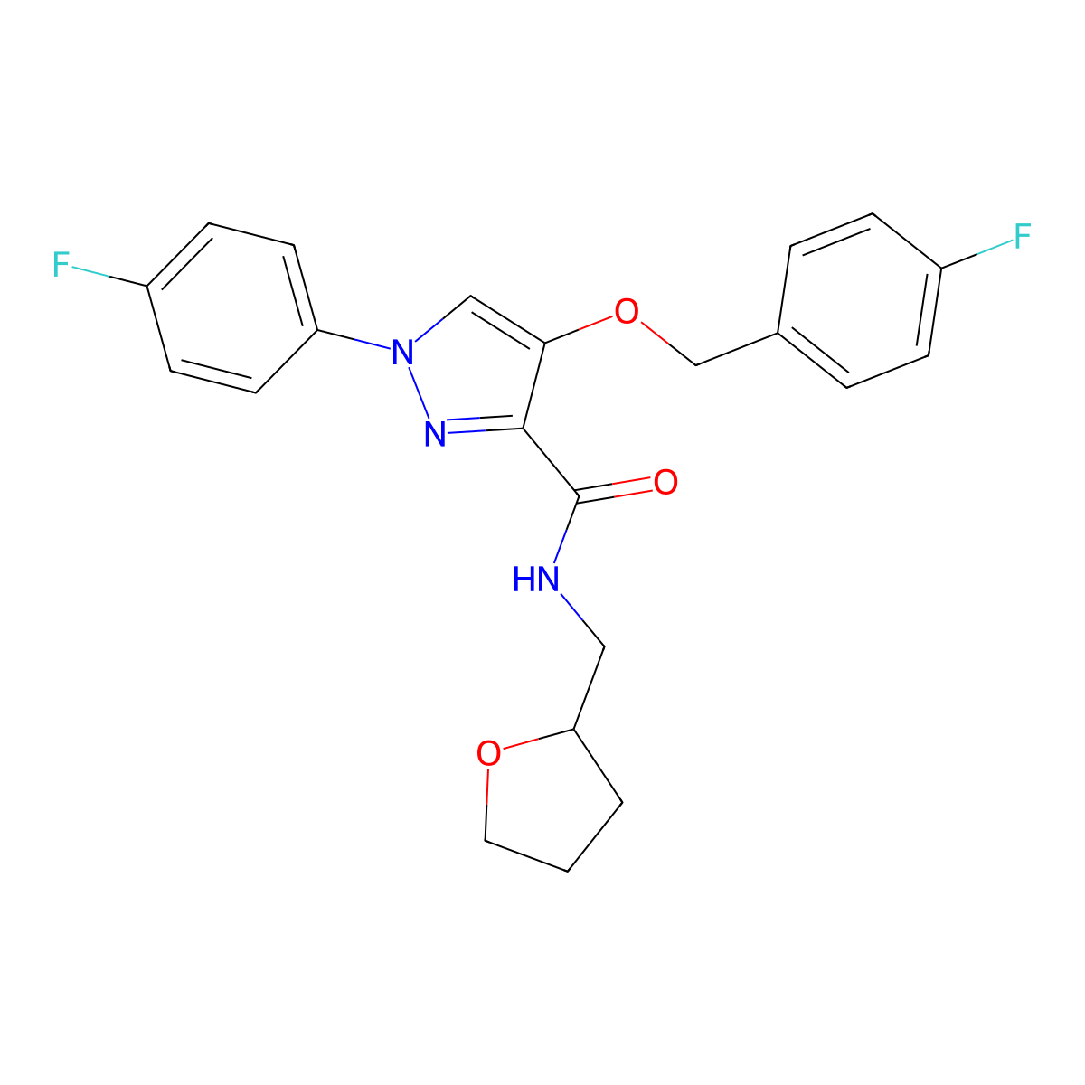 4-((4-fluorobenzyl)oxy)-1-(4-fluorophenyl)-N-((tetrahydrofuran-2-yl)methyl)-1H-pyrazole-3-carboxamide molecular structure, CAS 1171243-87-0