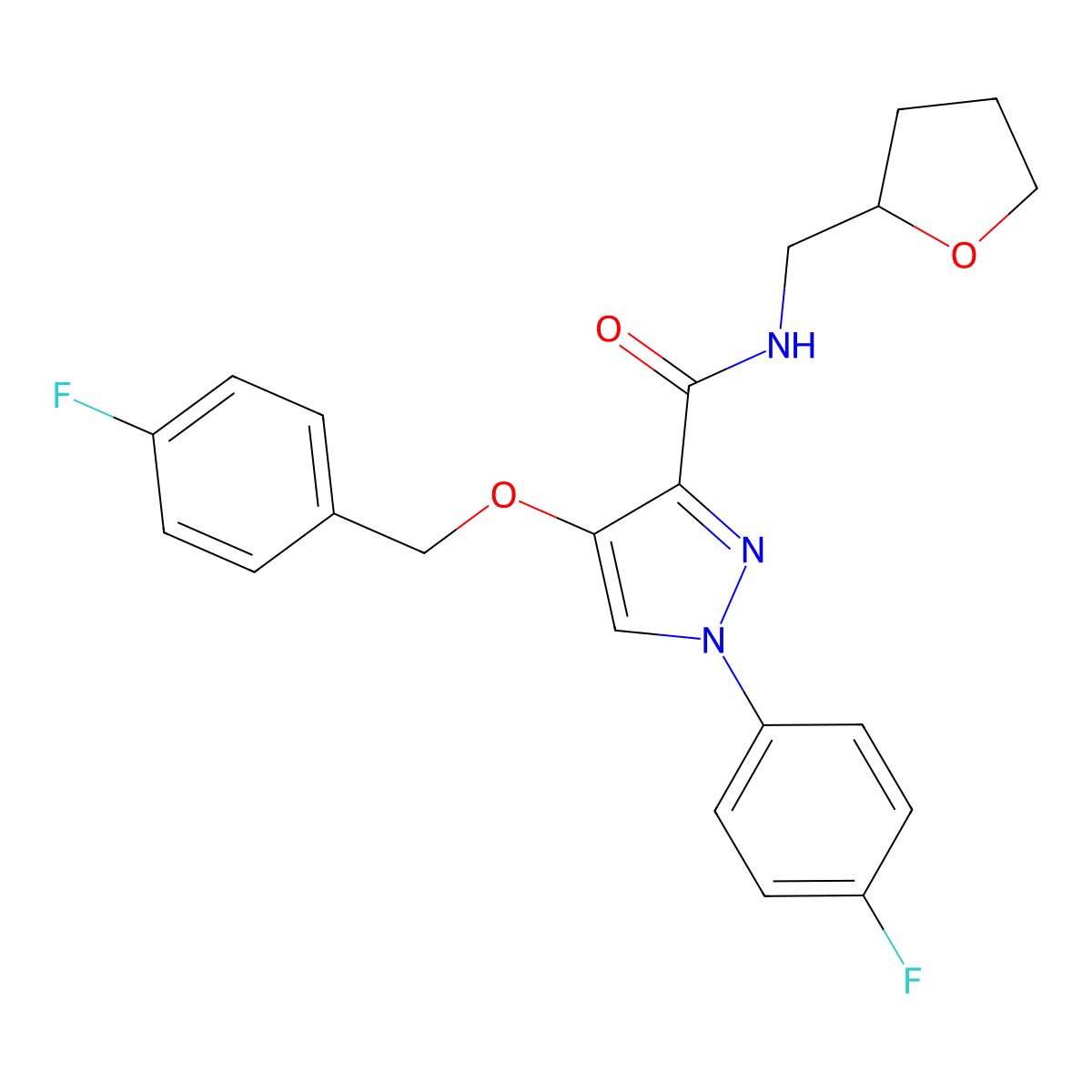 4-((4-fluorobenzyl)oxy)-1-(4-fluorophenyl)-N-((tetrahydrofuran-2-yl)methyl)-1H-pyrazole-3-carboxamide molecular structure, CAS 1171243-87-0