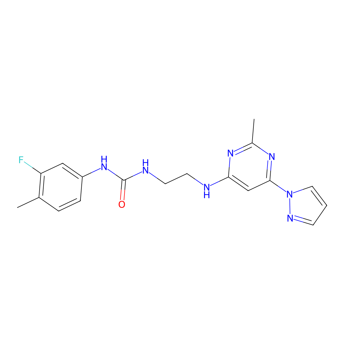 1-(3-fluoro-4-methylphenyl)-3-(2-{[2-methyl-6-(1H-pyrazol-1-yl)pyrimidin-4-yl]amino}ethyl)urea molecular structure, CAS 1171312-75-6