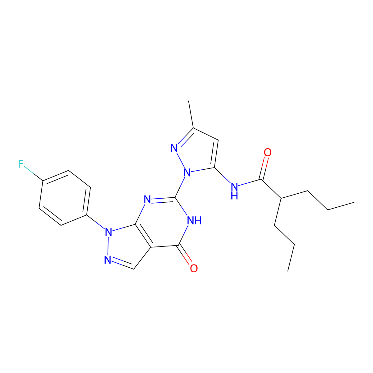 N-(1-(1-(4-fluorophenyl)-4-oxo-4,5-dihydro-1H-pyrazolo[3,4-d]pyrimidin-6-yl)-3-methyl-1H-pyrazol-5-yl)-2-propylpentanamide molecular structure, CAS 1171313-46-4