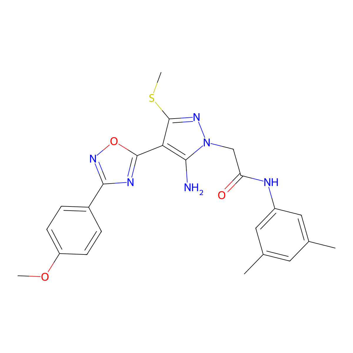 2-{5-amino-4-[3-(4-methoxyphenyl)-1,2,4-oxadiazol-5-yl]-3-(methylsulfanyl)-1H-pyrazol-1-yl}-N-(3,5-dimethylphenyl)acetamide molecular structure, CAS 1171313-83-9