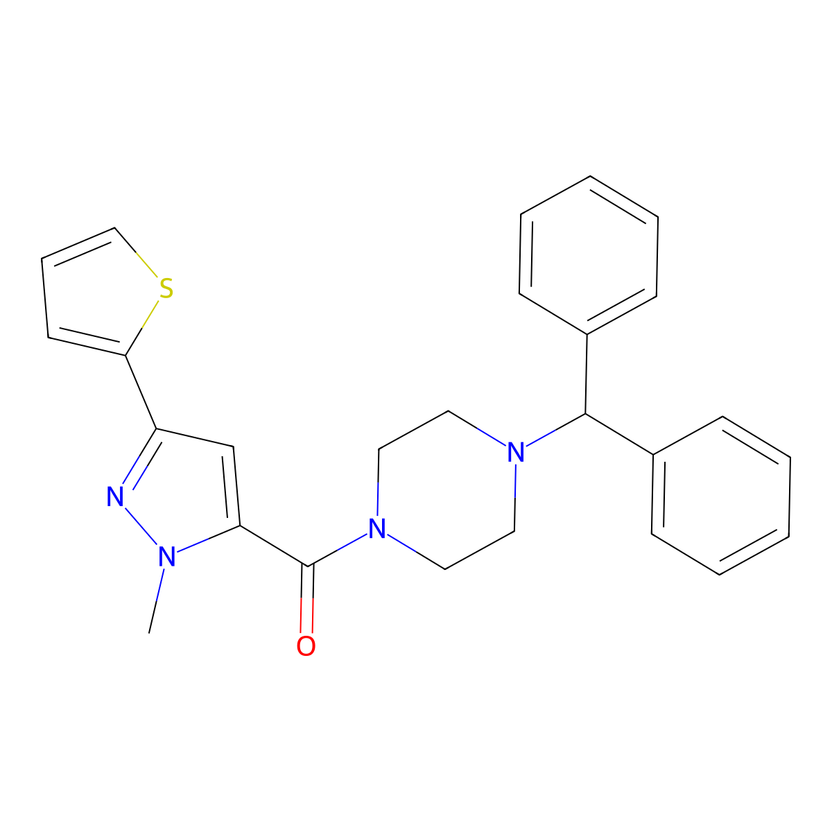(4-benzhydrylpiperazin-1-yl)(1-methyl-3-(thiophen-2-yl)-1H-pyrazol-5-yl)methanone molecular structure, CAS 1171314-11-6