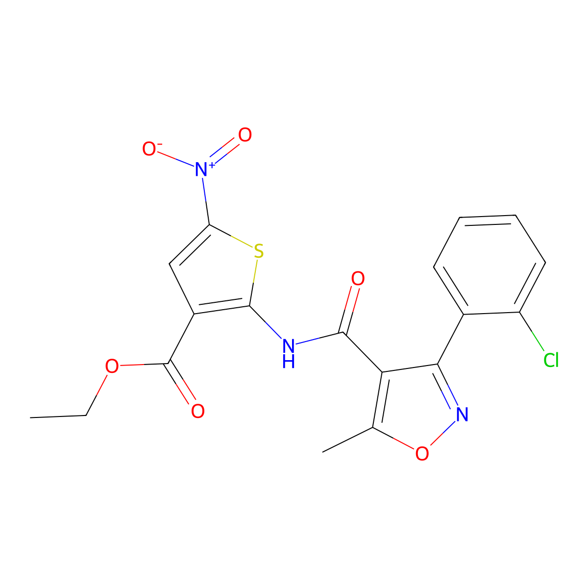 Ethyl 2-(3-(2-chlorophenyl)-5-methylisoxazole-4-carboxamido)-5-nitrothiophene-3-carboxylate molecular structure, CAS 1171314-24-1